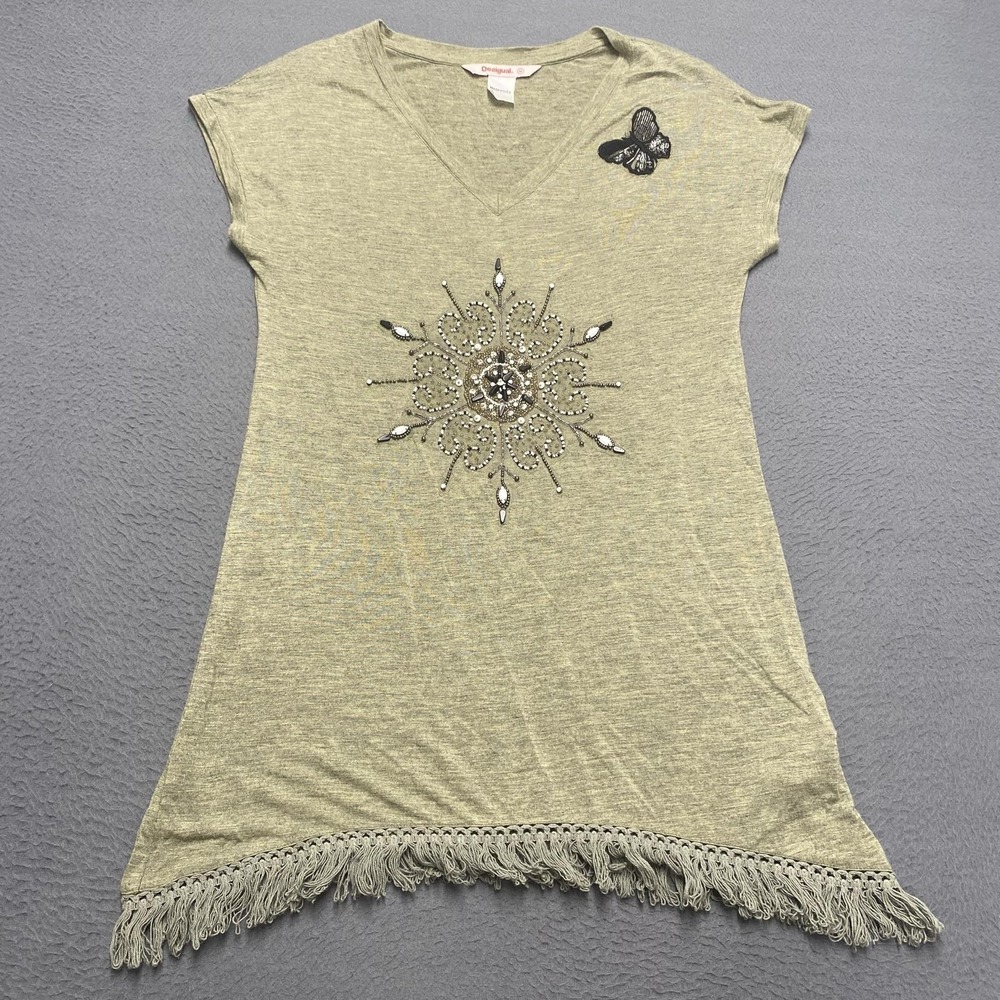 Desigual Tunic Top Womens Medium Green V Neck Beaded Butterfly Fringe Hem